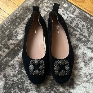 Paolo Black Velvet Flats with Crystal Buckle